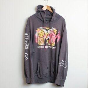 MTV Hoodie Mens Gray 3XL Distressed Smiley Faces Pullover